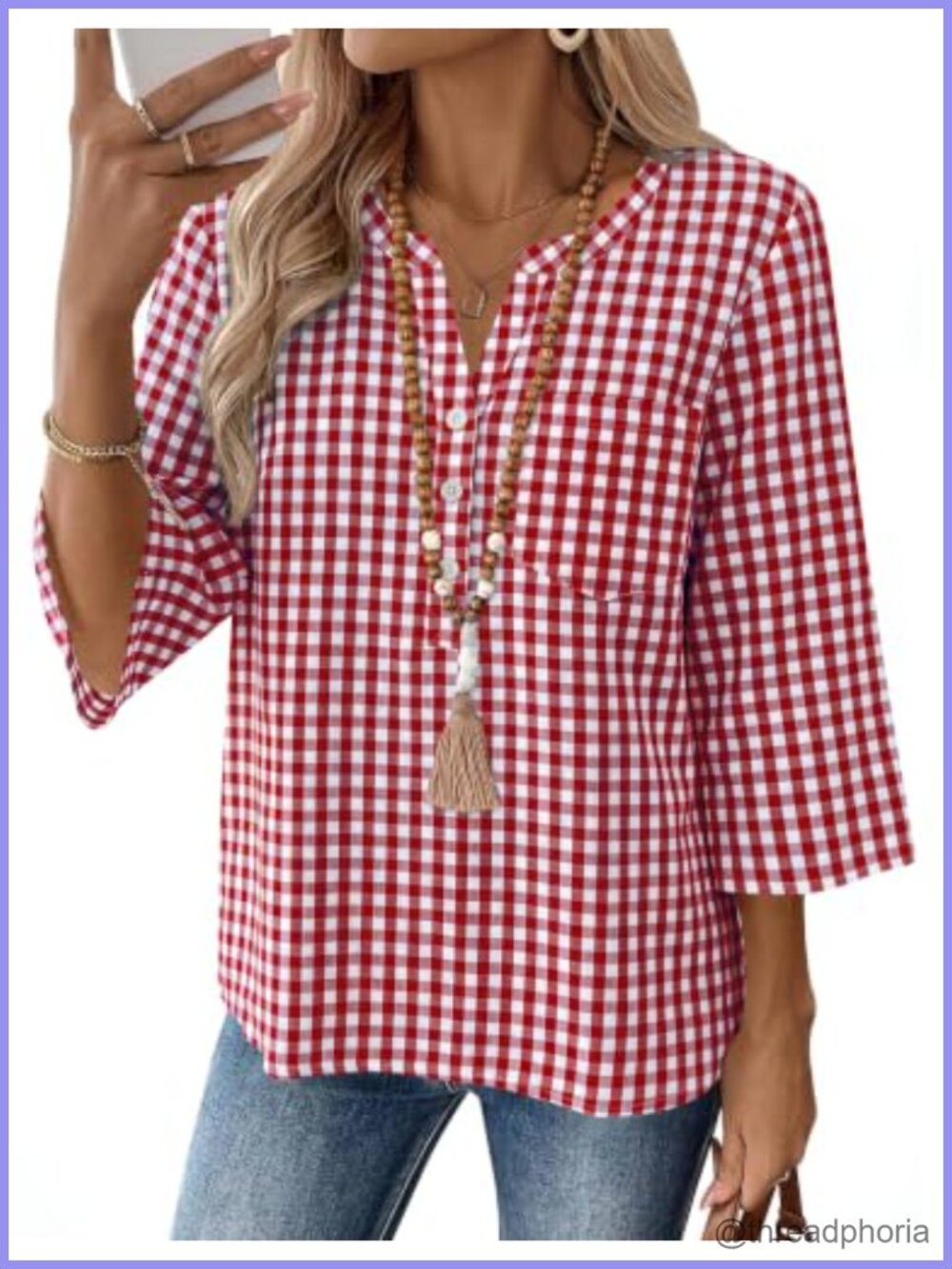 Womens Linen Cotton 3/4 Sleeve V Neck Button Down Tunic Top Loose Fit